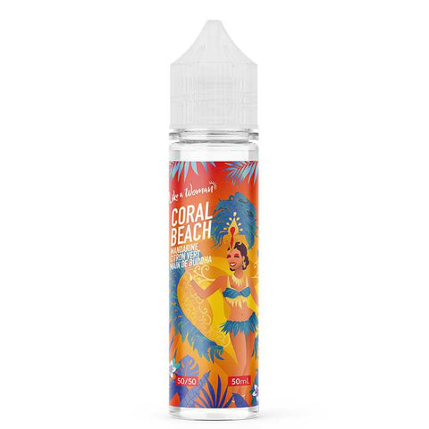 alt="E-liquide Coral Beach 50 ml – mandarine, citron vert, main de Buddha"
